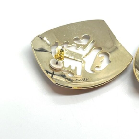 VINTAGE BEREBI ABSTRACT EARRINGS GOLD TONE RED MODERNIST ARTISAN STATEMENT - Picture 12 of 13